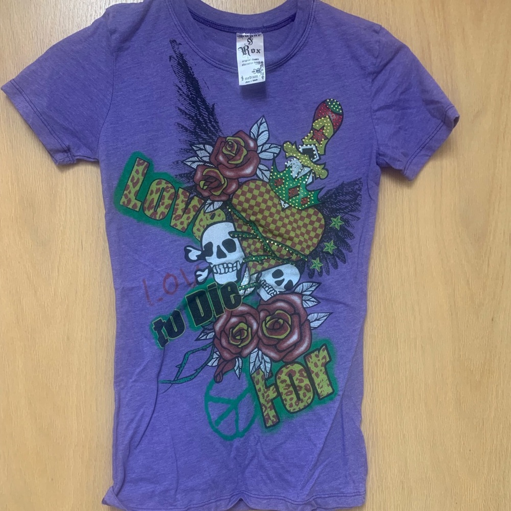 Sugar & Rox T-shirt love rhinestones made in USA M
